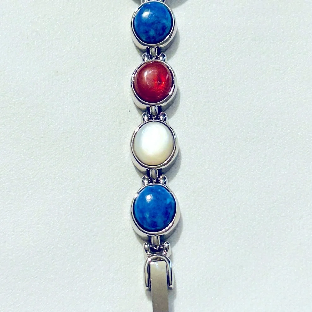 Women's N Moore Silver-toned Watch w/Lapis Lazuli, Mother of Pearl and Car…